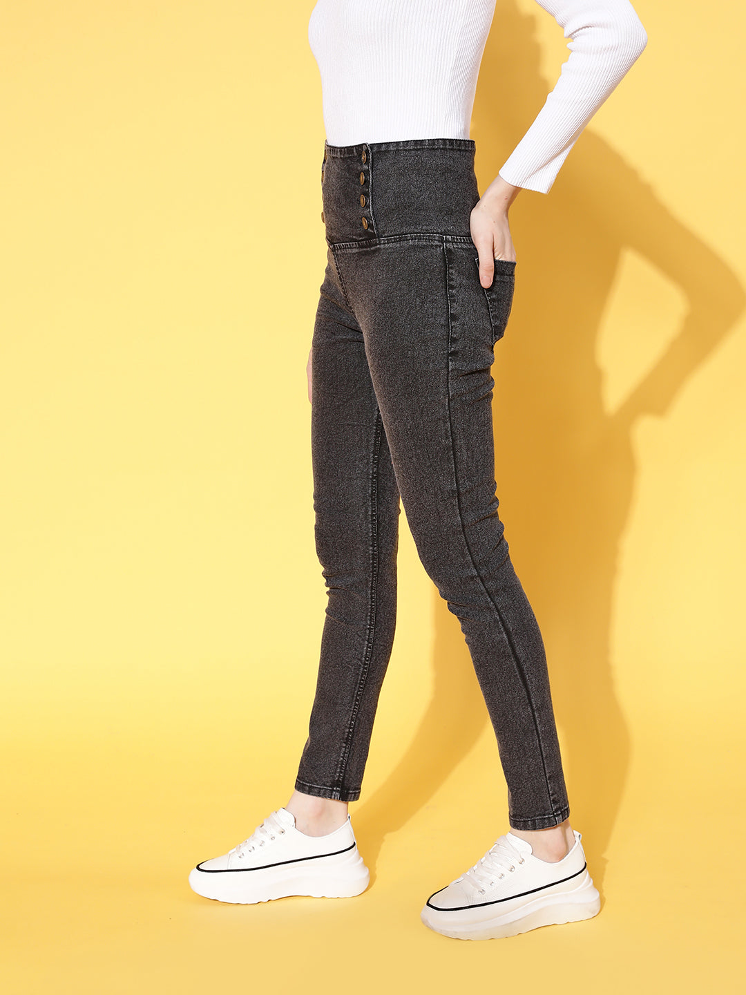 Black Washed Side Button High Waist Jeans