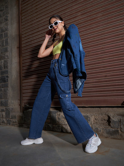 Women Blue Denim Side Patch Pockets Jeans