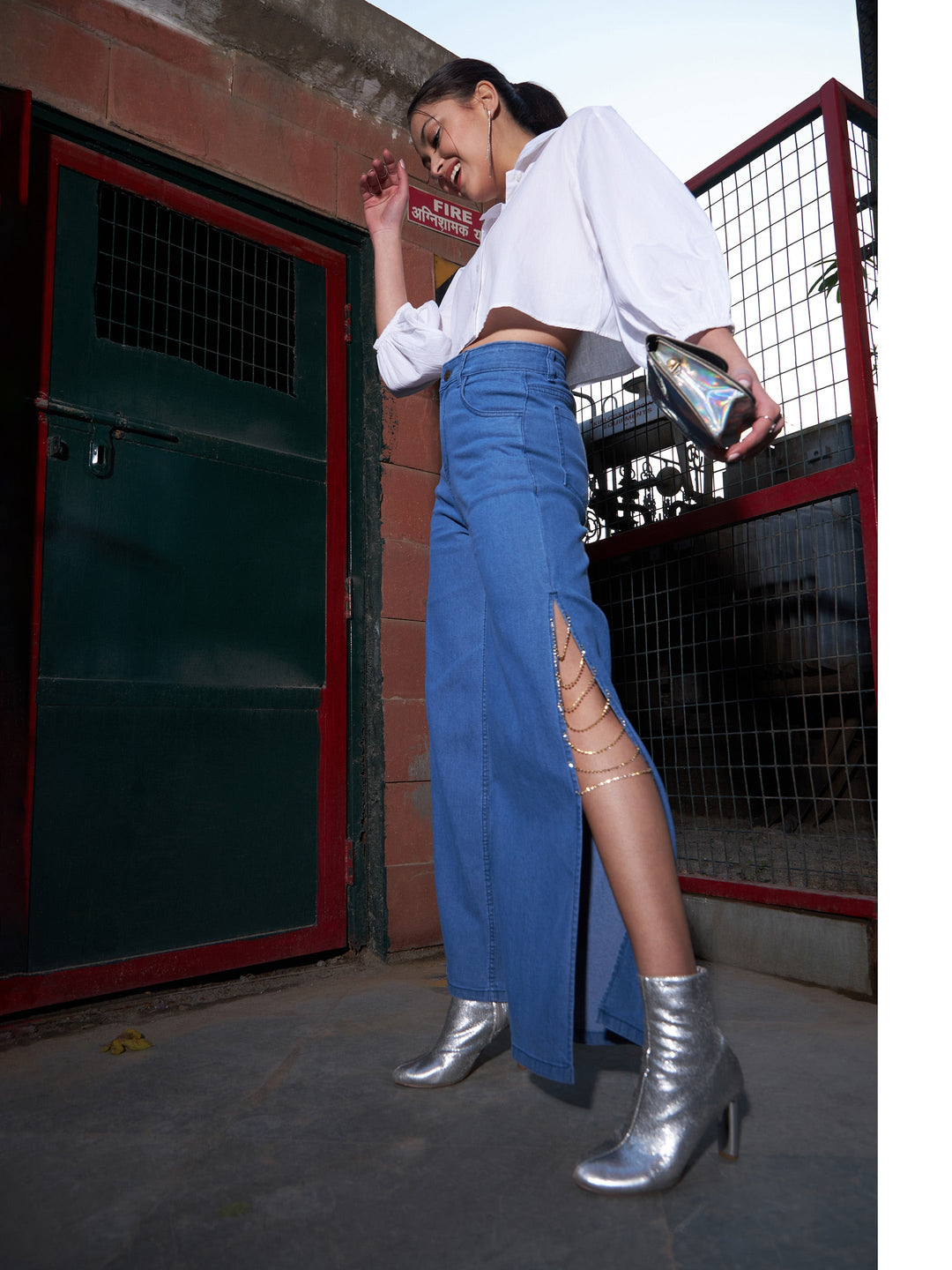 Women Blue Diamante Side Slit Straight Jeans
