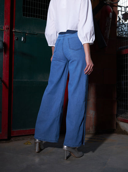 Women Blue Diamante Side Slit Straight Jeans