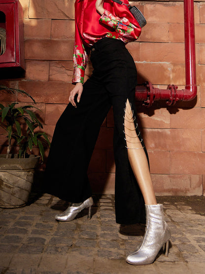 Women Black Diamante Side Slit Straight Jeans