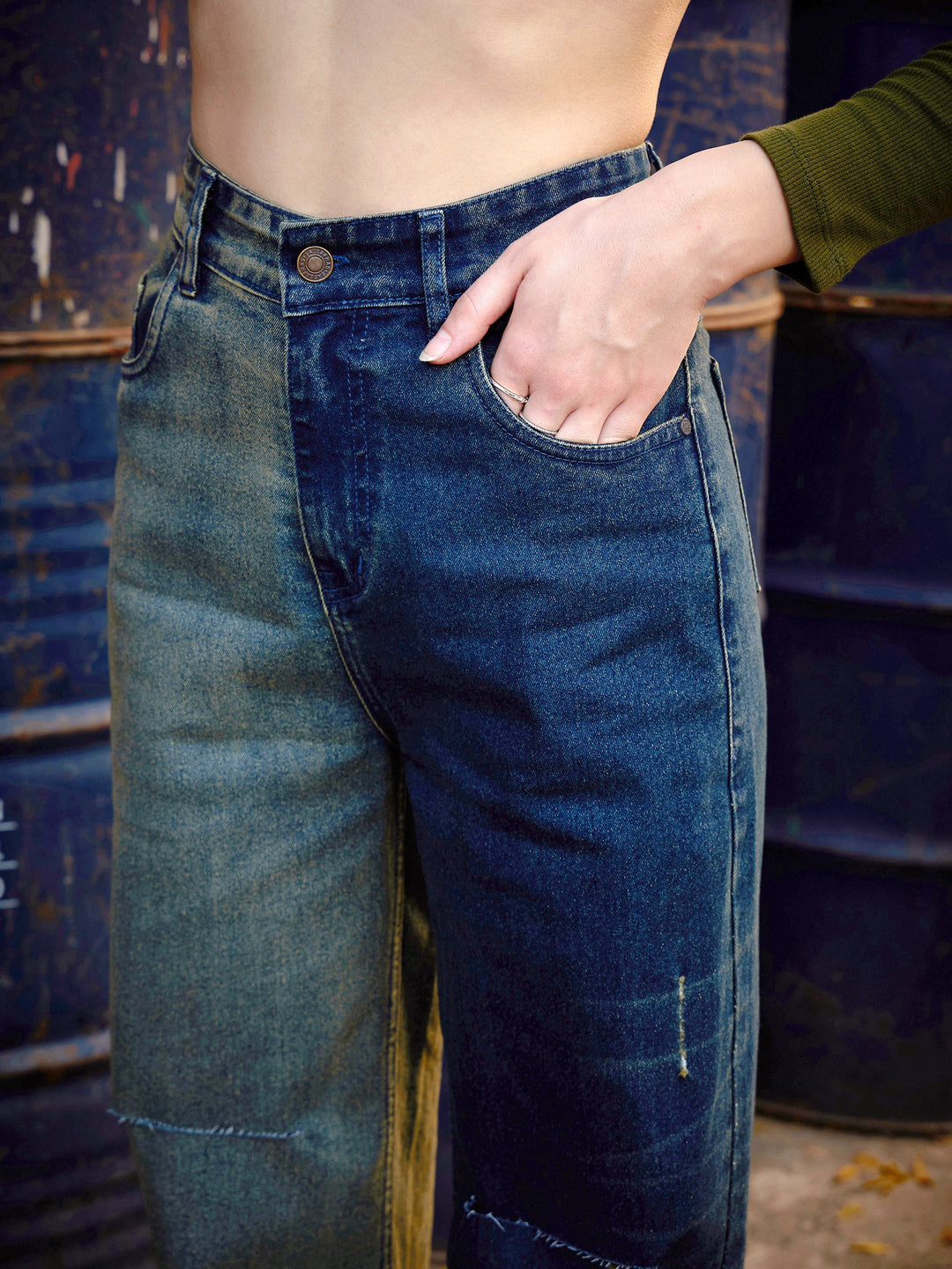 Women Navy Colour Block Straight Jeans