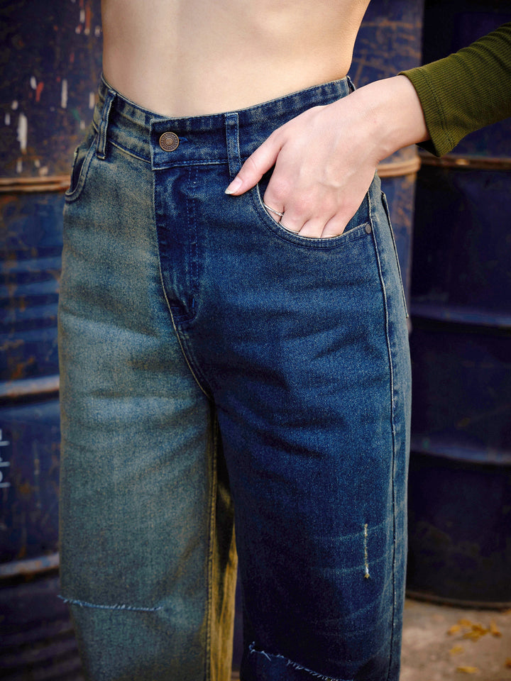 Women Navy Colour Block Straight Jeans
