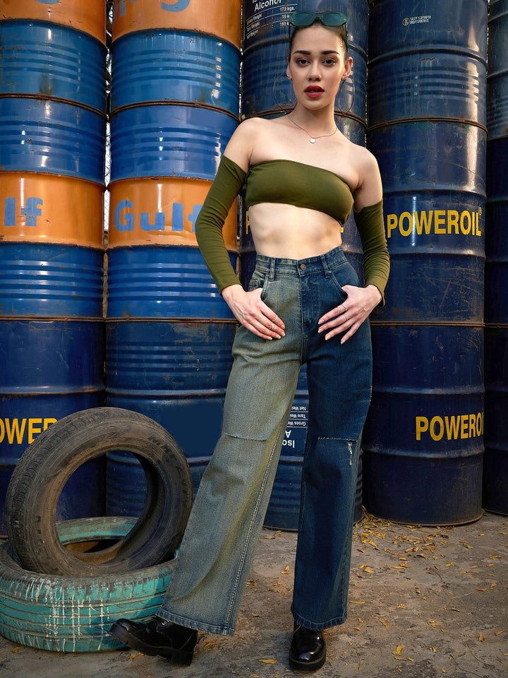 Women Navy Colour Block Straight Jeans