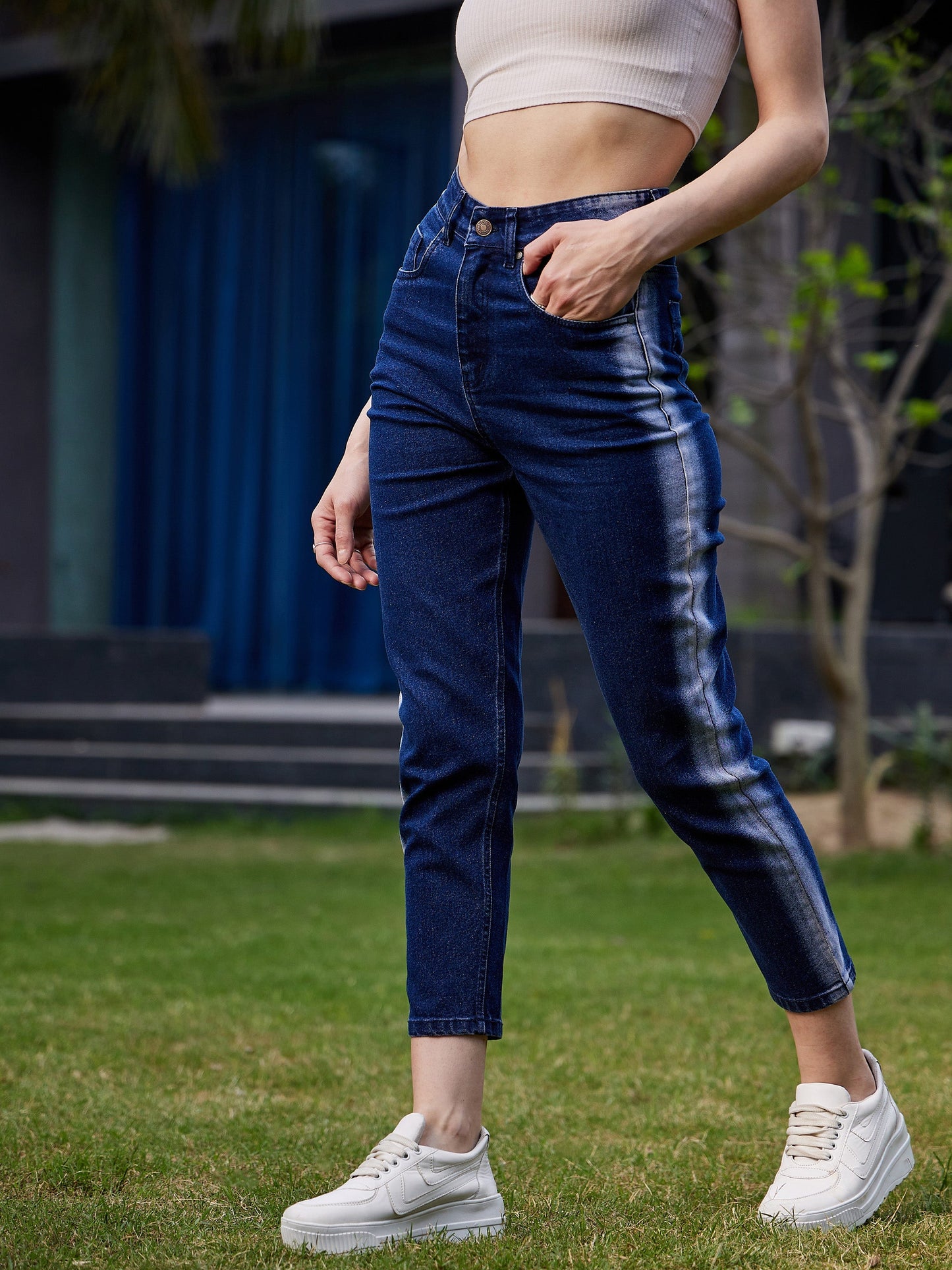 Navy Side Wash Mom Fit Jeans