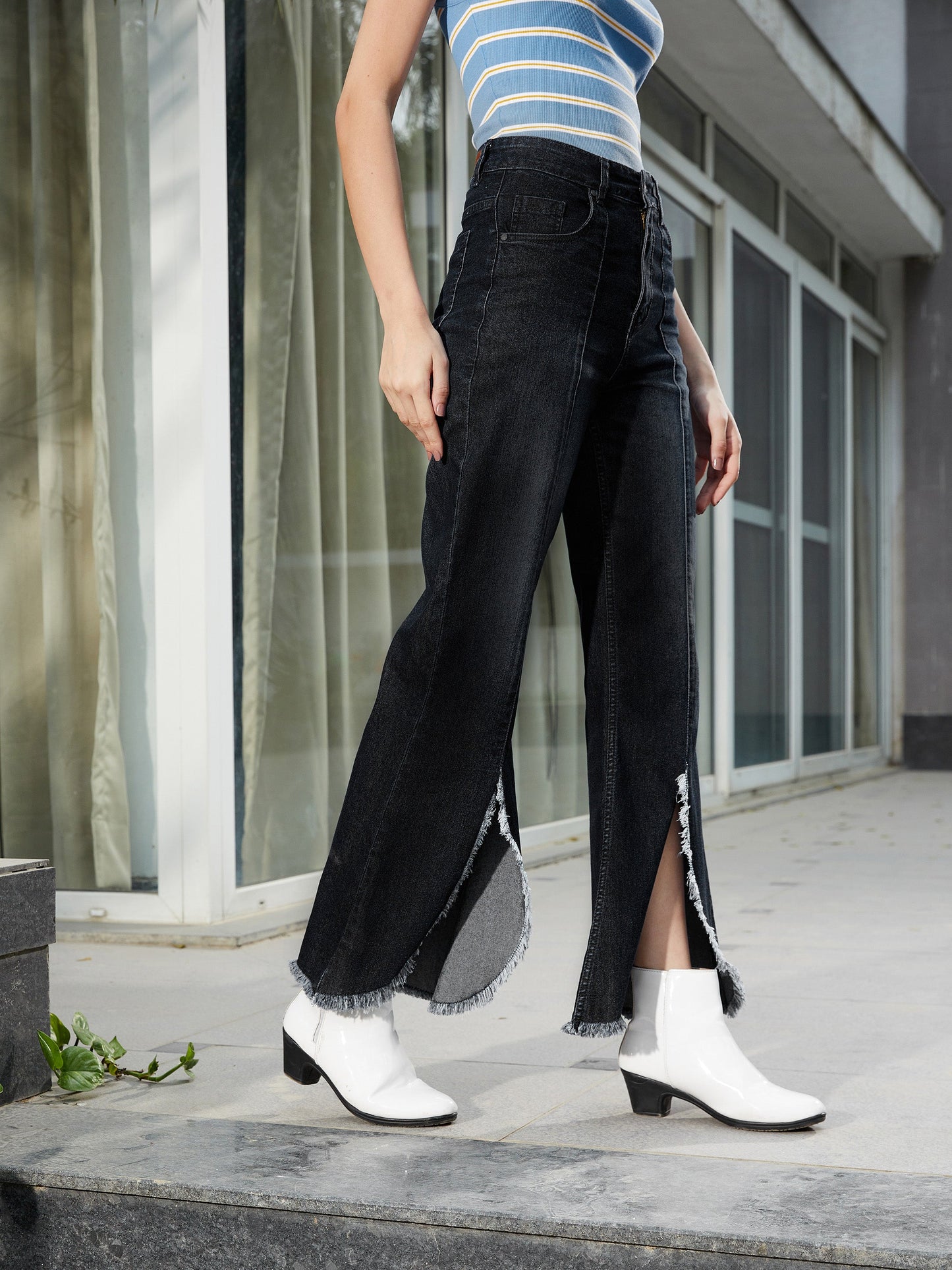 Black Front Slit Bell Bottom Jeans