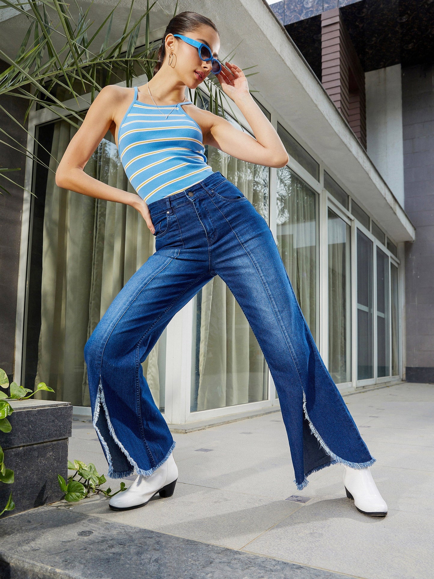 Navy Front Slit Bell Bottom Jeans