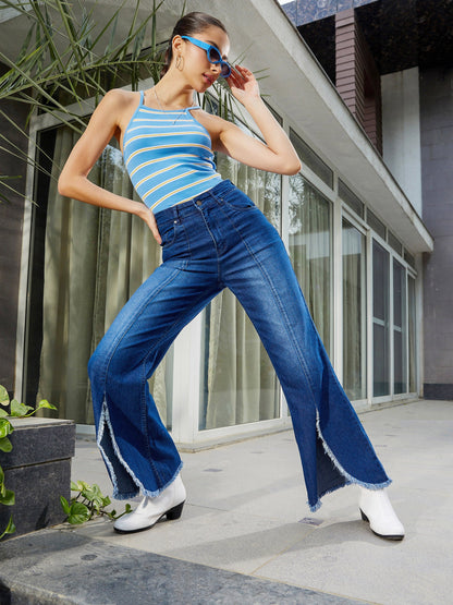 Navy Front Slit Bell Bottom Jeans