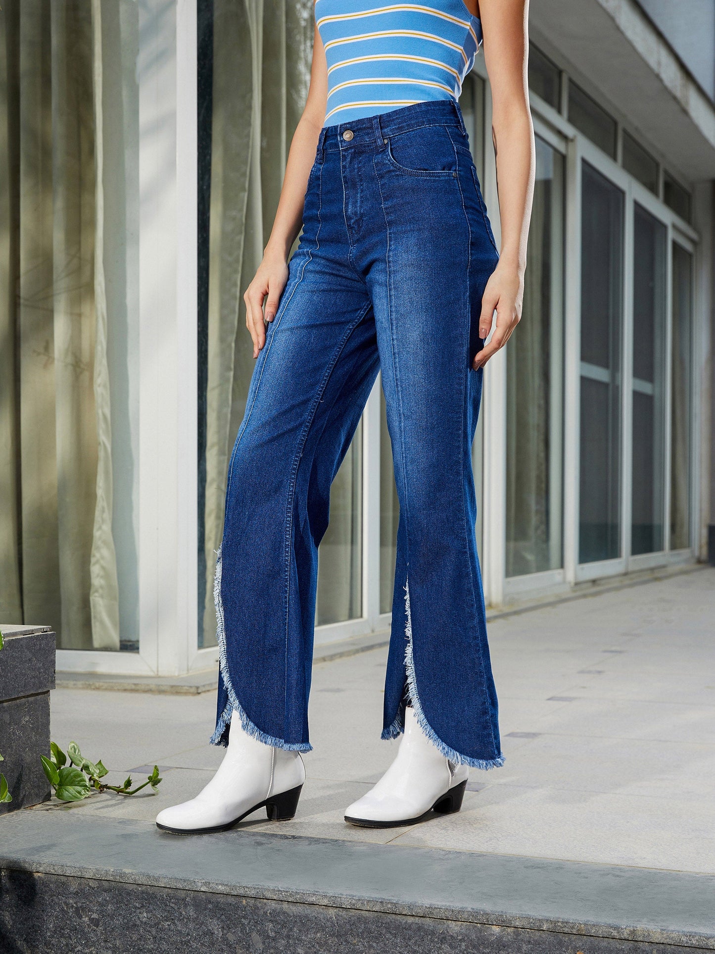 Navy Front Slit Bell Bottom Jeans