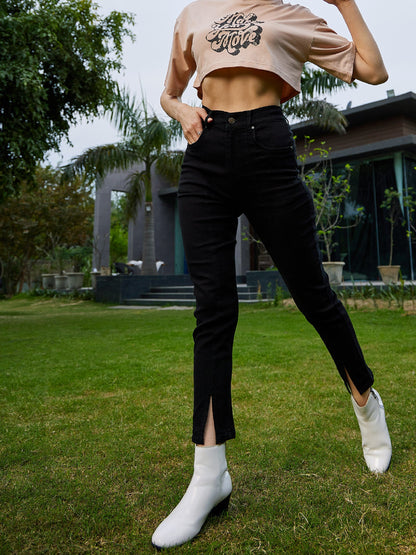 Black Hem Slit Relax Premium Jeans