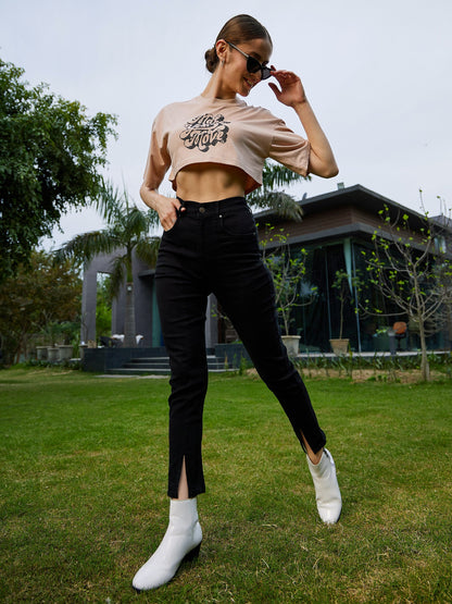 Black Hem Slit Relax Premium Jeans