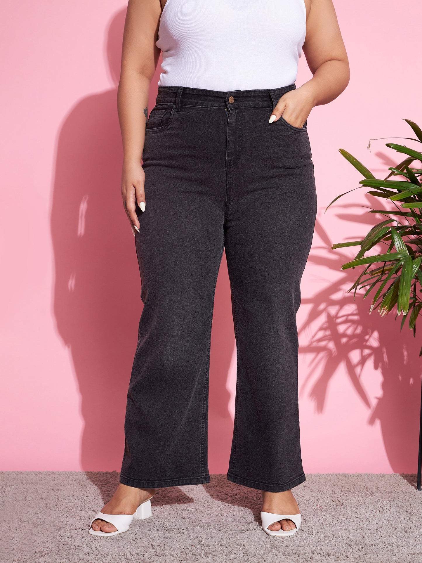 Black Acid Wash Denim Straight Jeans