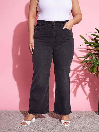 Black Acid Wash Denim Straight Jeans