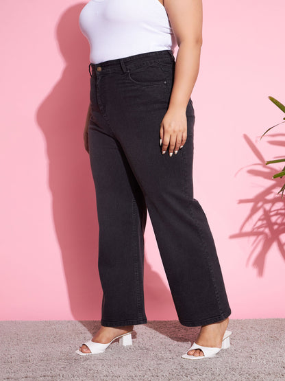 Black Acid Wash Denim Straight Jeans