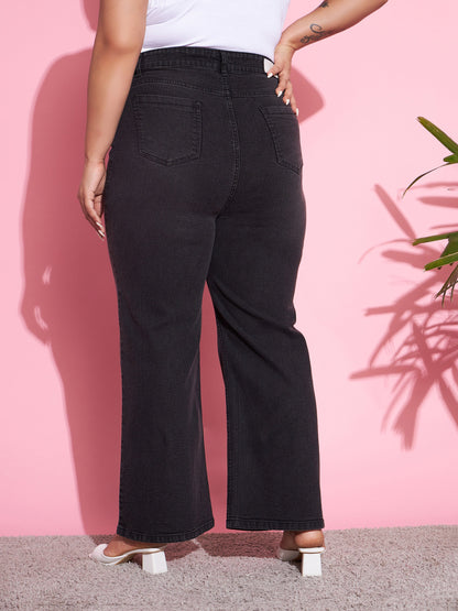 Black Acid Wash Denim Straight Jeans