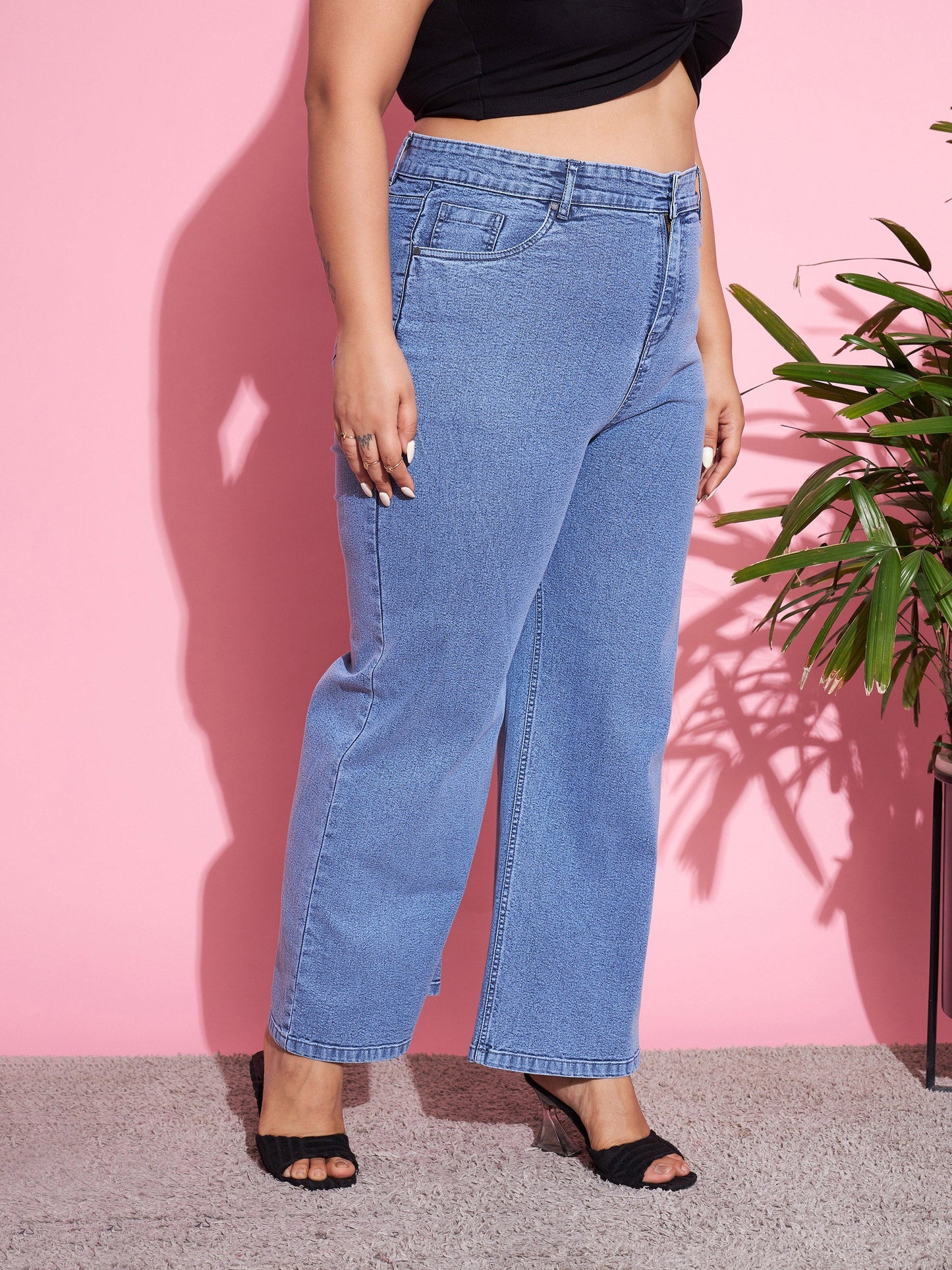 Blue Acid Wash Denim Straight Jeans-SASSAFRAS Curve