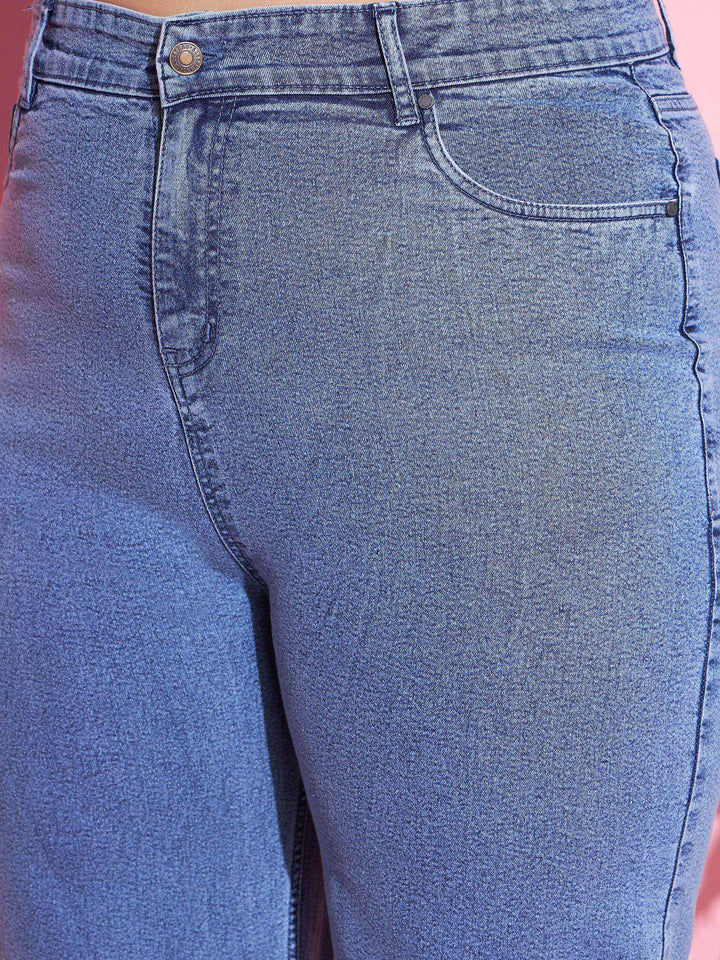 Blue Acid Wash Denim Straight Jeans-SASSAFRAS Curve