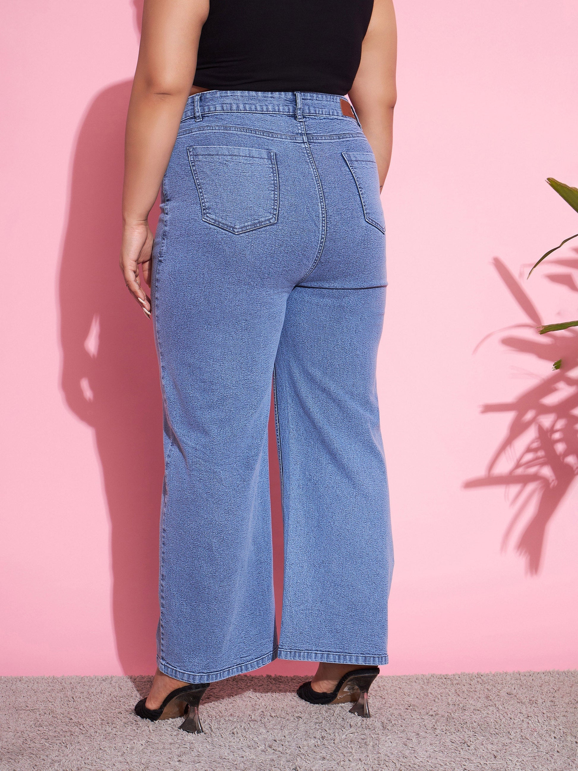 Blue Acid Wash Denim Straight Jeans-SASSAFRAS Curve
