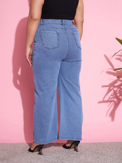 Blue Acid Wash Denim Straight Jeans-SASSAFRAS Curve