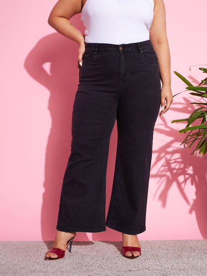 Plus size women's Black Denim Black Acid Wash Denim Bell Bottom Jeans by Sassafras Curve for wholesale buyers, boutiques, resellers and bulk orders