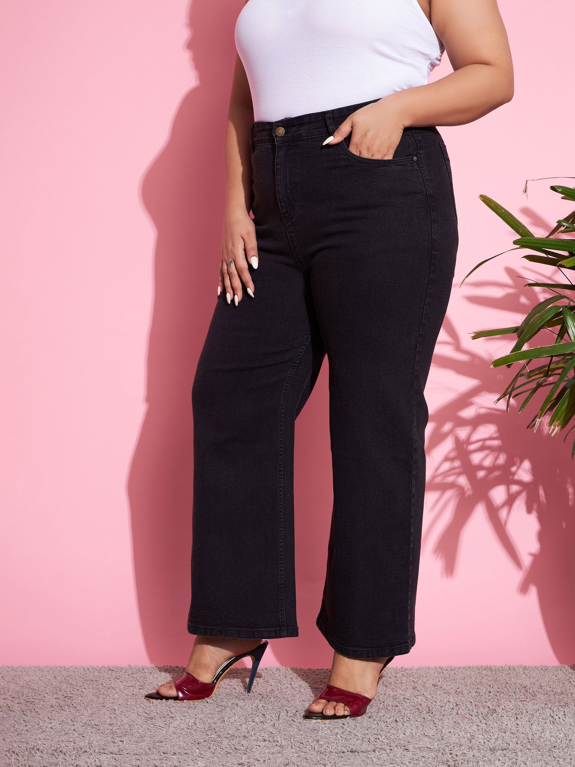 Black Acid Wash Denim Bell Bottom Jeans-SASSAFRAS Curve