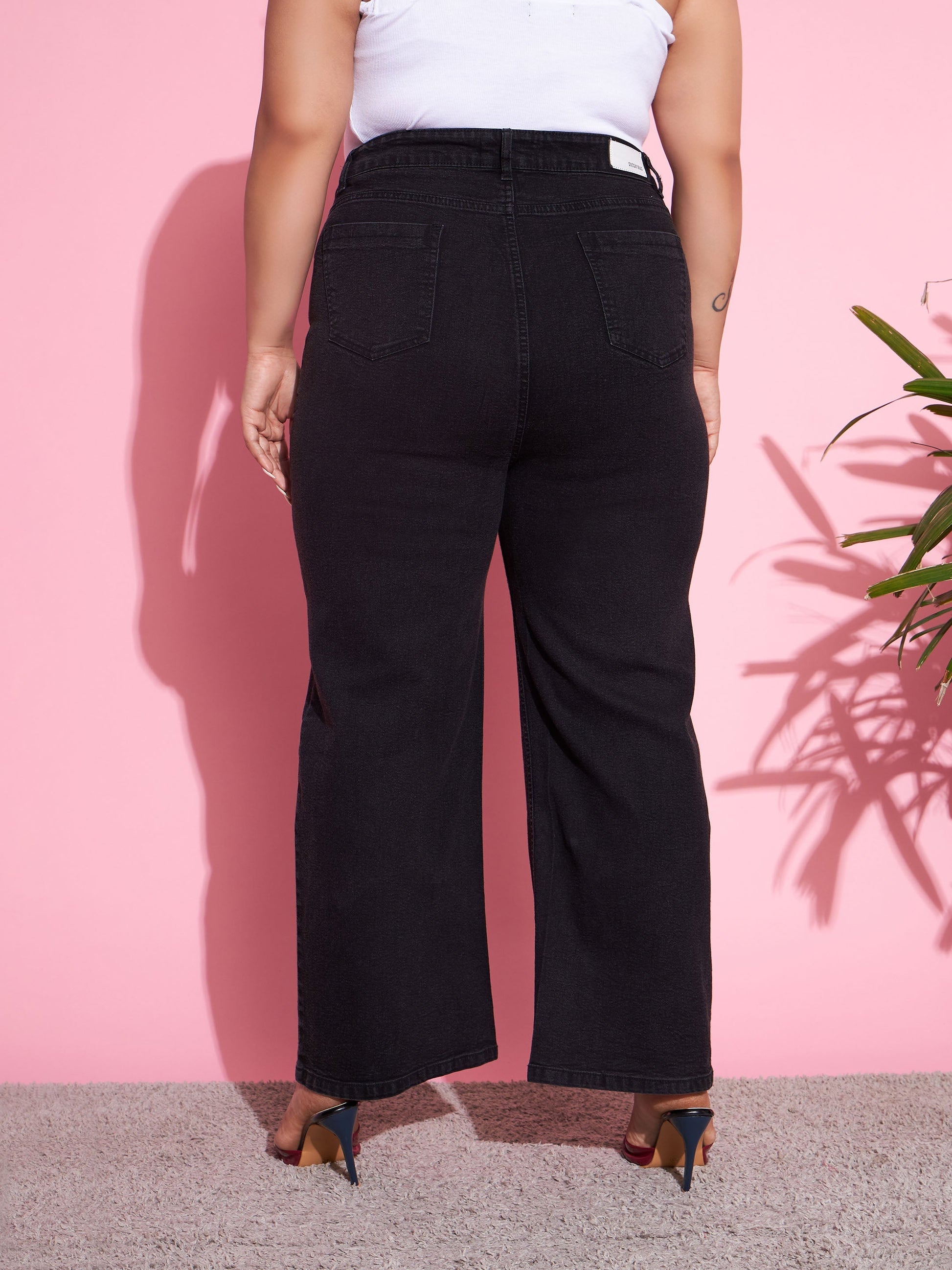 Black Acid Wash Denim Bell Bottom Jeans-SASSAFRAS Curve