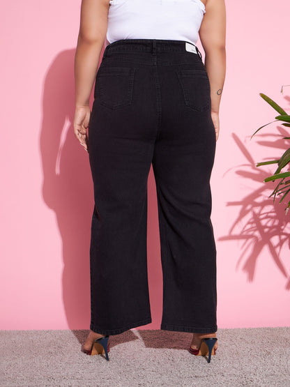 Black Acid Wash Denim Bell Bottom Jeans-SASSAFRAS Curve