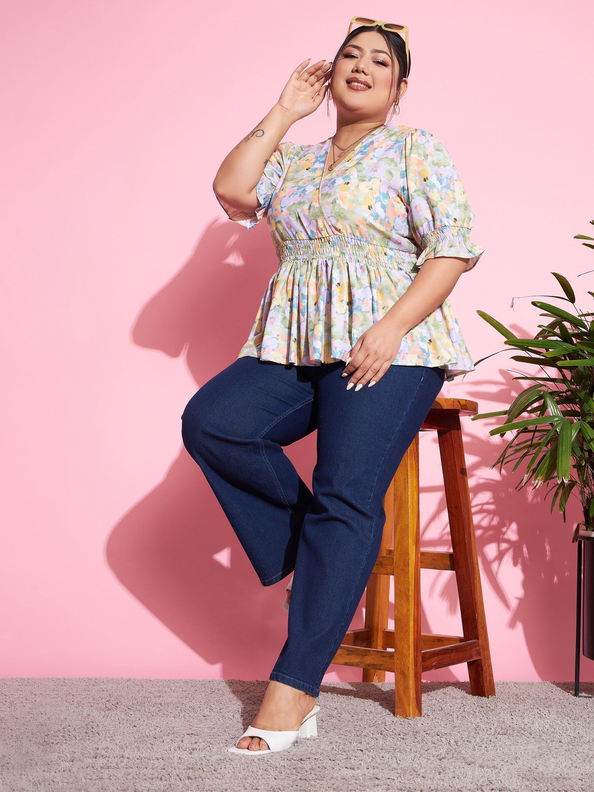 Navy Wash Denim Bell Bottom Jeans-SASSAFRAS Curve