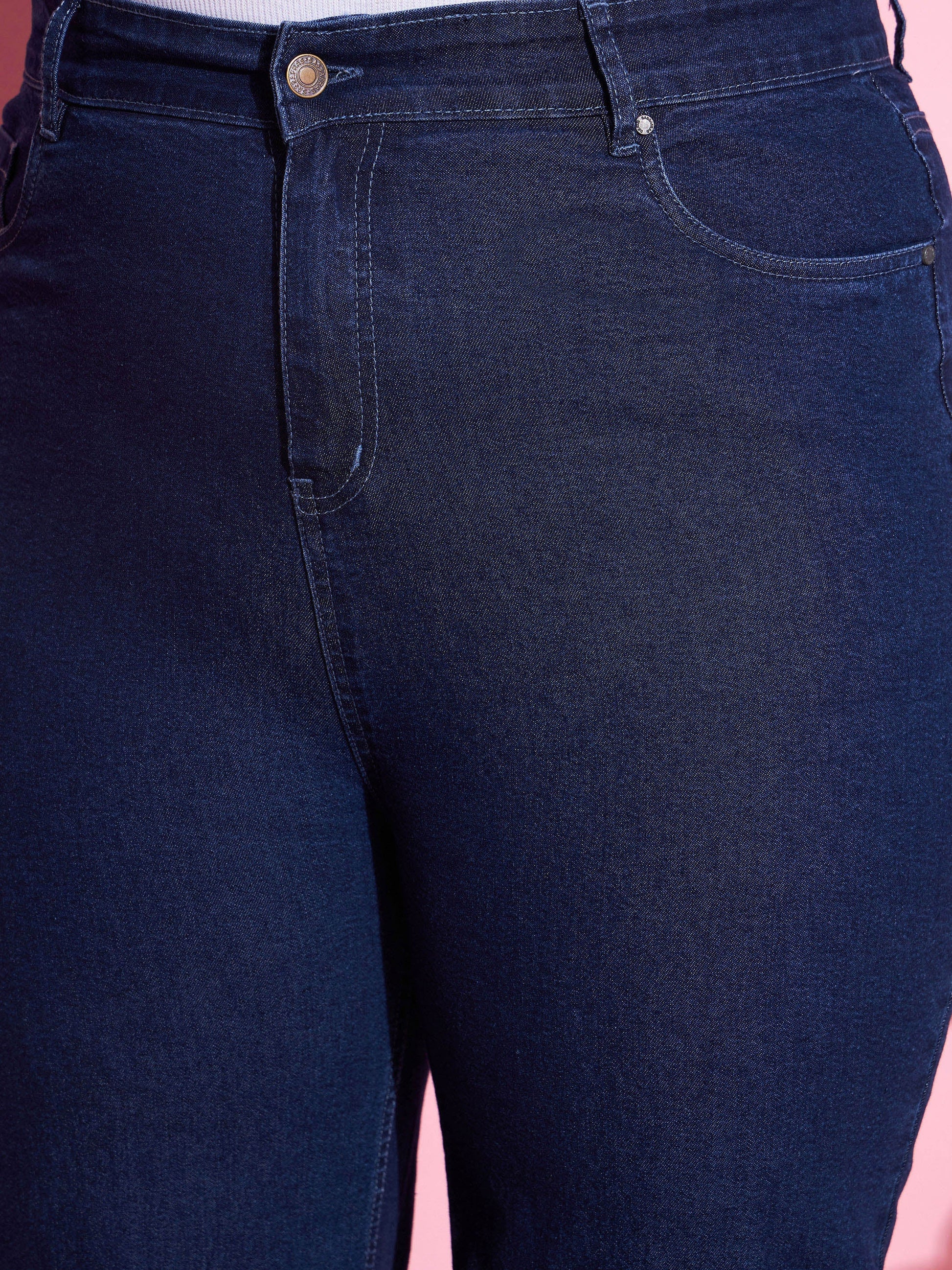 Navy Wash Denim Bell Bottom Jeans-SASSAFRAS Curve