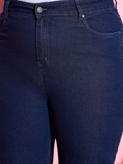 Navy Wash Denim Bell Bottom Jeans-SASSAFRAS Curve