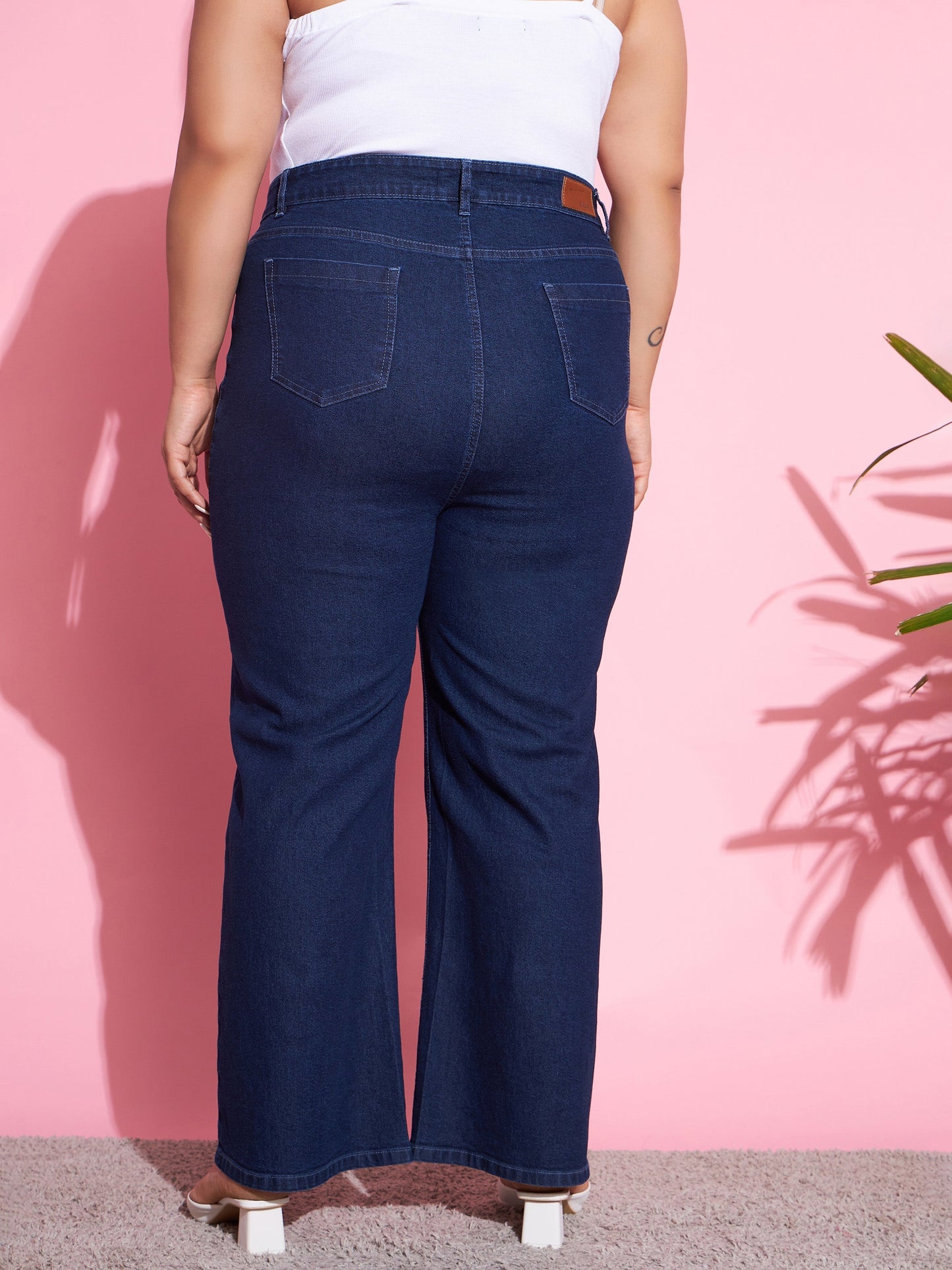 Navy Wash Denim Bell Bottom Jeans-SASSAFRAS Curve