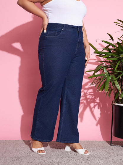 Navy Wash Denim Bell Bottom Jeans-SASSAFRAS Curve