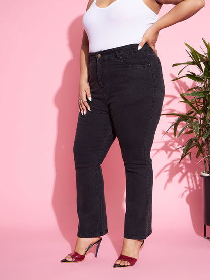 Black Acid Wash Denim Boot Cut Jeans-SASSAFRAS Curve