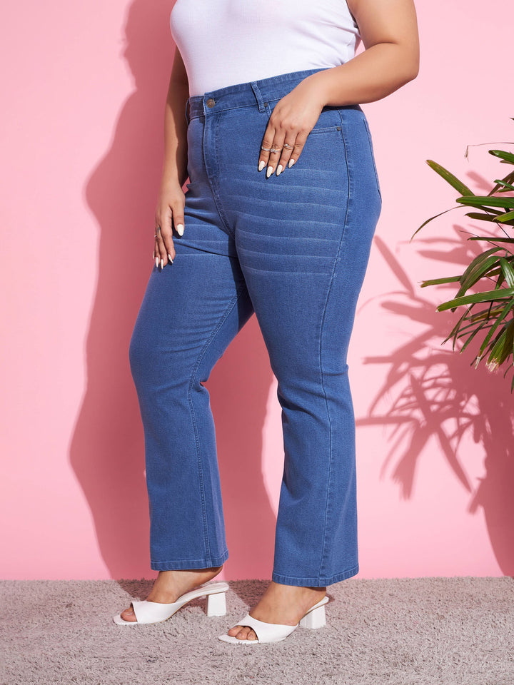 Blue Wash Denim Boot Cut Jeans-SASSAFRAS Curve