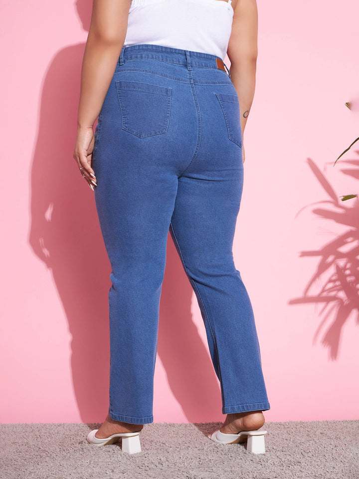 Blue Wash Denim Boot Cut Jeans-SASSAFRAS Curve