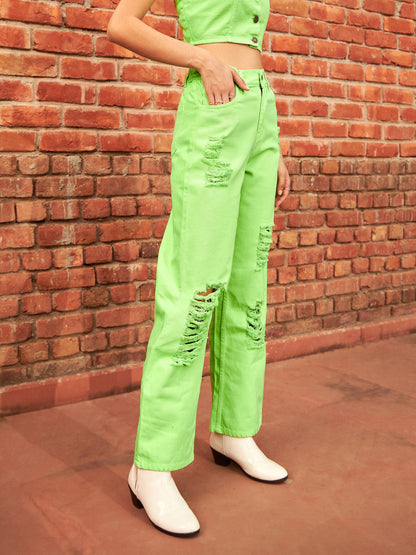 Fluorescent Green Heavy Distress Straight Jeans