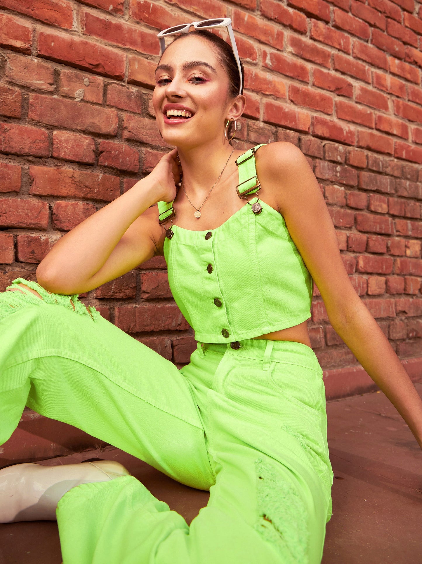 Fluorescent Green Heavy Distress Straight Jeans