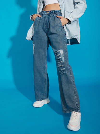 Blue Wash Distress Baggy Fit Jeans