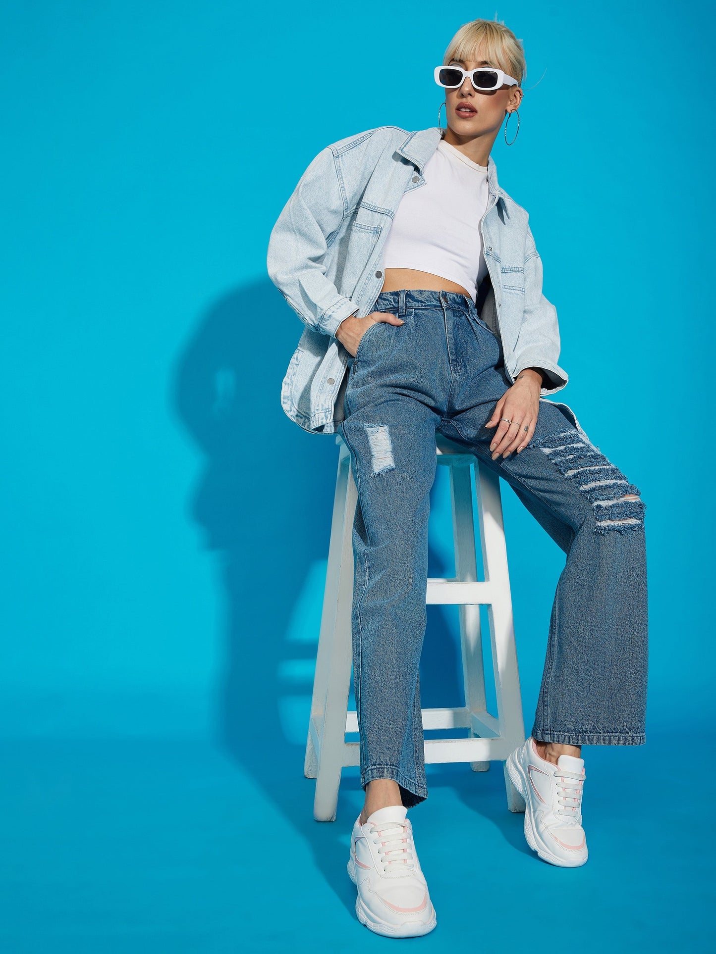 Blue Wash Distress Baggy Fit Jeans