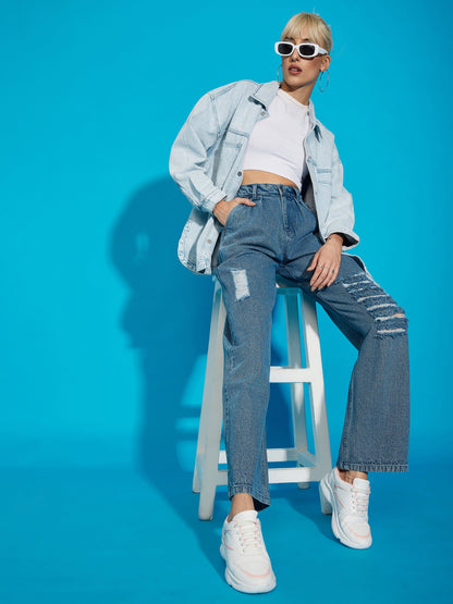 Blue Wash Distress Baggy Fit Jeans
