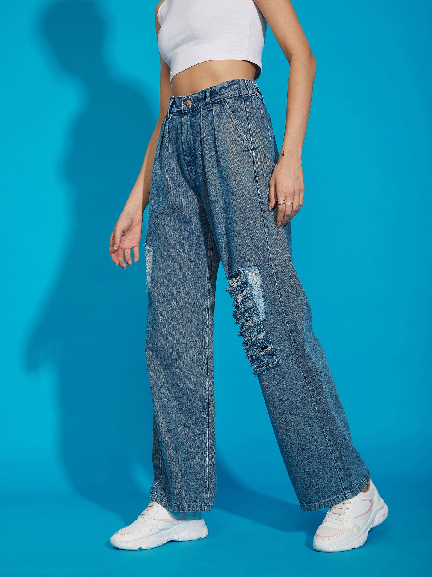 Blue Wash Distress Baggy Fit Jeans