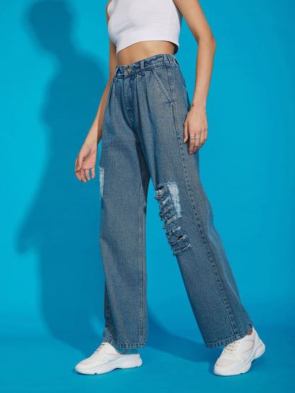 Blue Wash Distress Baggy Fit Jeans