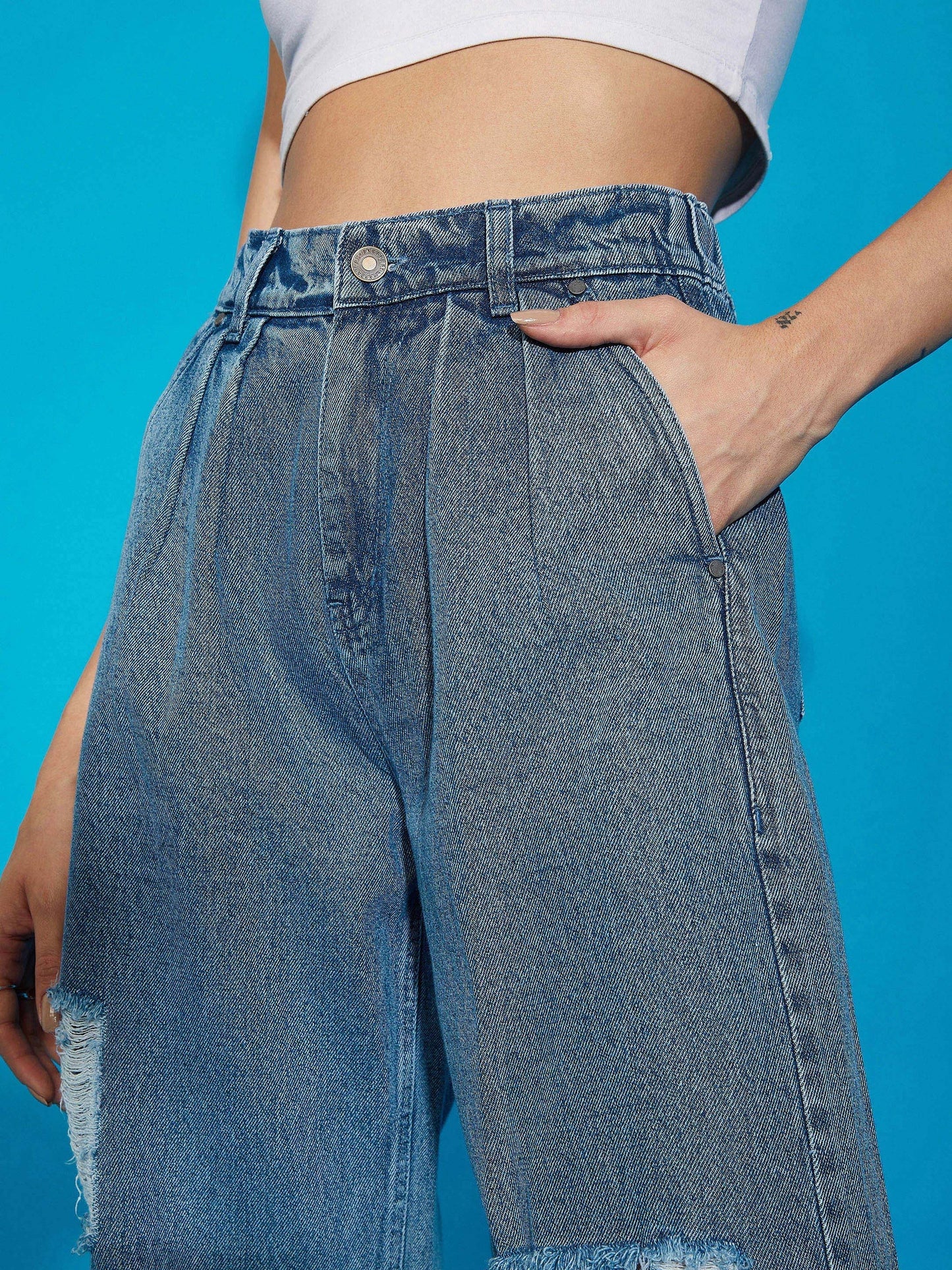 Blue Wash Distress Baggy Fit Jeans