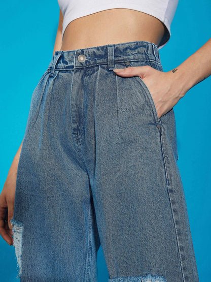 Blue Wash Distress Baggy Fit Jeans