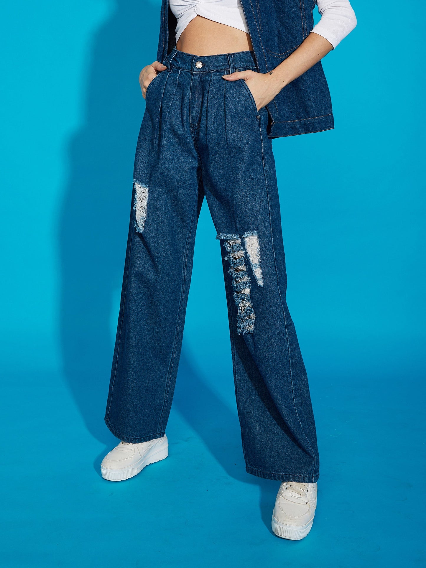 Navy Wash Distress Baggy Fit Jeans