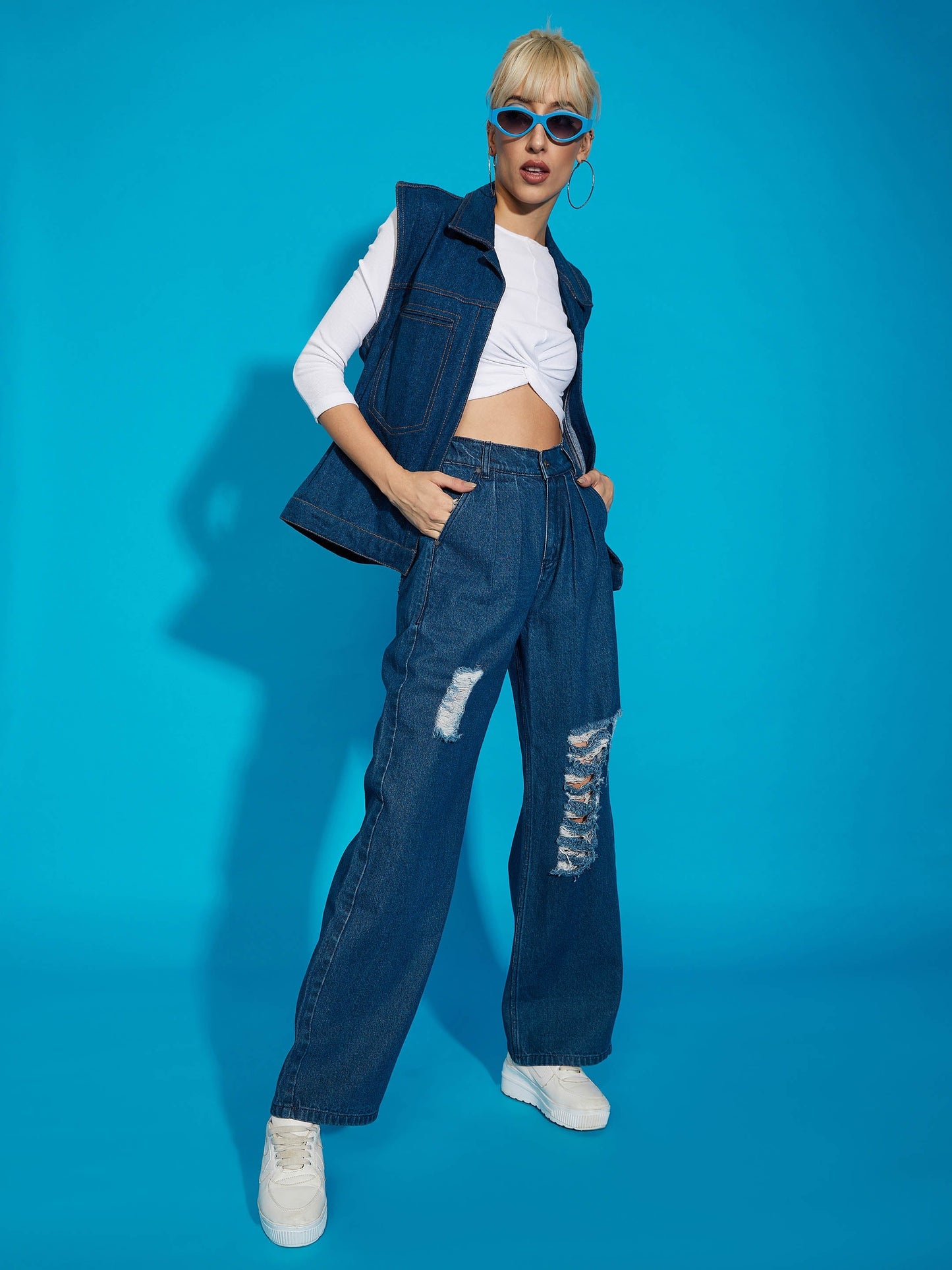 Navy Wash Distress Baggy Fit Jeans