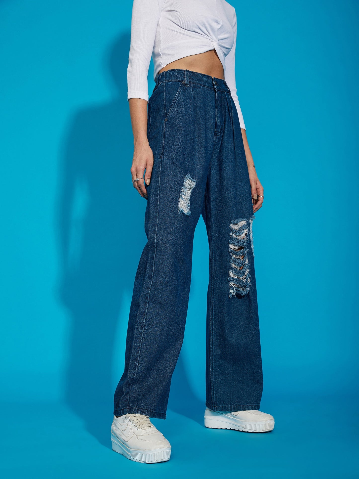Navy Wash Distress Baggy Fit Jeans