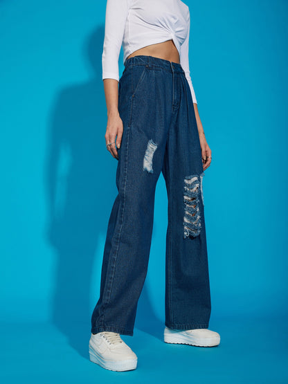 Navy Wash Distress Baggy Fit Jeans