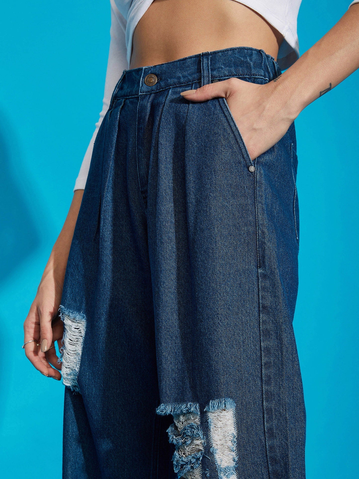 Navy Wash Distress Baggy Fit Jeans