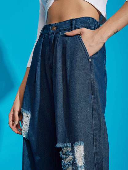 Navy Wash Distress Baggy Fit Jeans